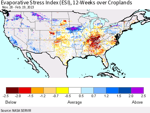 United States Evaporative Stress Index (ESI), 12-Weeks over Croplands Thematic Map For 2/13/2023 - 2/19/2023