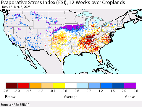 United States Evaporative Stress Index (ESI), 12-Weeks over Croplands Thematic Map For 2/27/2023 - 3/5/2023
