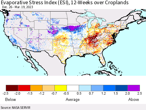 United States Evaporative Stress Index (ESI), 12-Weeks over Croplands Thematic Map For 3/13/2023 - 3/19/2023