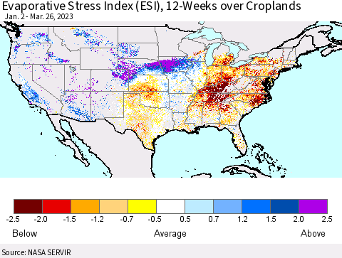 United States Evaporative Stress Index (ESI), 12-Weeks over Croplands Thematic Map For 3/20/2023 - 3/26/2023