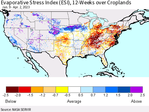 United States Evaporative Stress Index (ESI), 12-Weeks over Croplands Thematic Map For 3/27/2023 - 4/2/2023