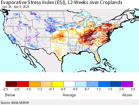 United States Evaporative Stress Index (ESI), 12-Weeks over Croplands Thematic Map For 4/3/2023 - 4/9/2023