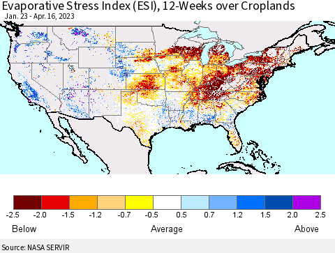 United States Evaporative Stress Index (ESI), 12-Weeks over Croplands Thematic Map For 4/10/2023 - 4/16/2023