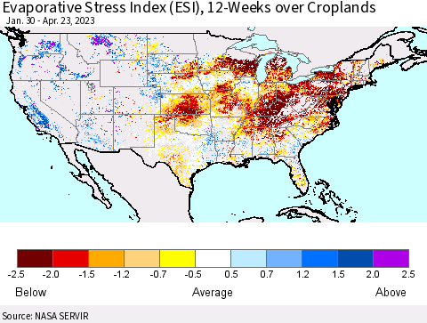 United States Evaporative Stress Index (ESI), 12-Weeks over Croplands Thematic Map For 4/17/2023 - 4/23/2023