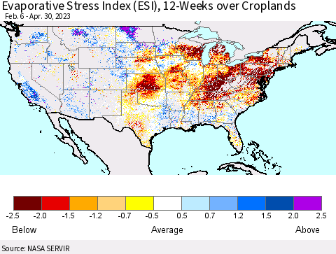 United States Evaporative Stress Index (ESI), 12-Weeks over Croplands Thematic Map For 4/24/2023 - 4/30/2023