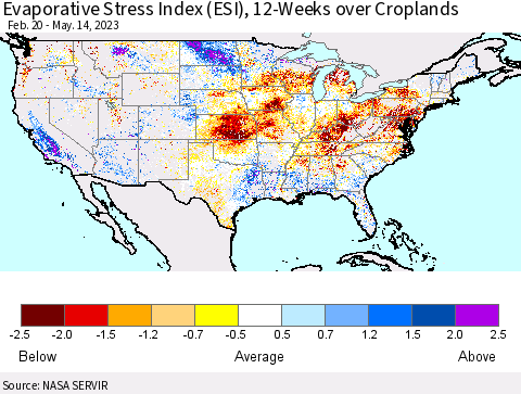 United States Evaporative Stress Index (ESI), 12-Weeks over Croplands Thematic Map For 5/8/2023 - 5/14/2023