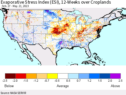 United States Evaporative Stress Index (ESI), 12-Weeks over Croplands Thematic Map For 5/15/2023 - 5/21/2023