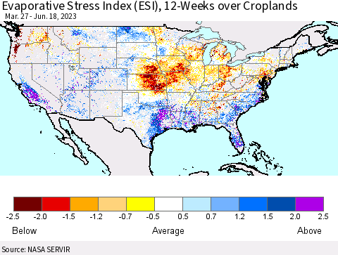 United States Evaporative Stress Index (ESI), 12-Weeks over Croplands Thematic Map For 6/12/2023 - 6/18/2023