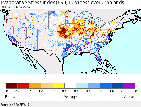 United States Evaporative Stress Index (ESI), 12-Weeks over Croplands Thematic Map For 6/19/2023 - 6/25/2023