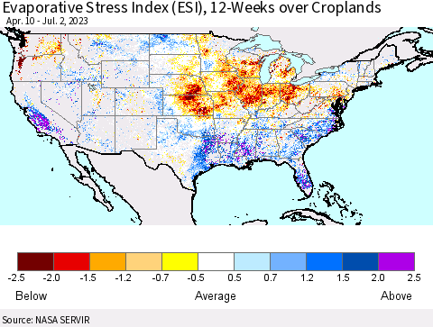 United States Evaporative Stress Index (ESI), 12-Weeks over Croplands Thematic Map For 6/26/2023 - 7/2/2023