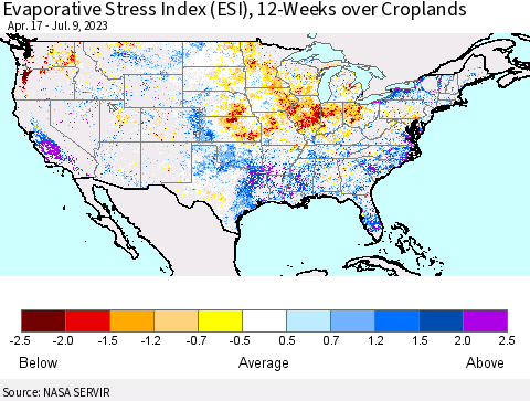 United States Evaporative Stress Index (ESI), 12-Weeks over Croplands Thematic Map For 7/3/2023 - 7/9/2023