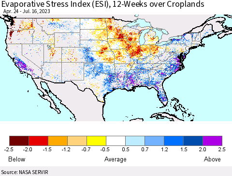 United States Evaporative Stress Index (ESI), 12-Weeks over Croplands Thematic Map For 7/10/2023 - 7/16/2023