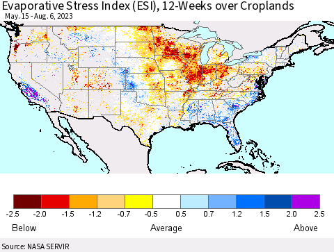 United States Evaporative Stress Index (ESI), 12-Weeks over Croplands Thematic Map For 7/31/2023 - 8/6/2023