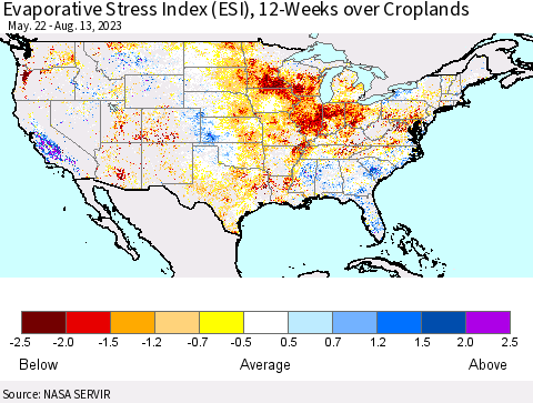 United States Evaporative Stress Index (ESI), 12-Weeks over Croplands Thematic Map For 8/7/2023 - 8/13/2023