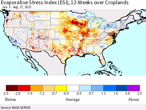 United States Evaporative Stress Index (ESI), 12-Weeks over Croplands Thematic Map For 8/21/2023 - 8/27/2023