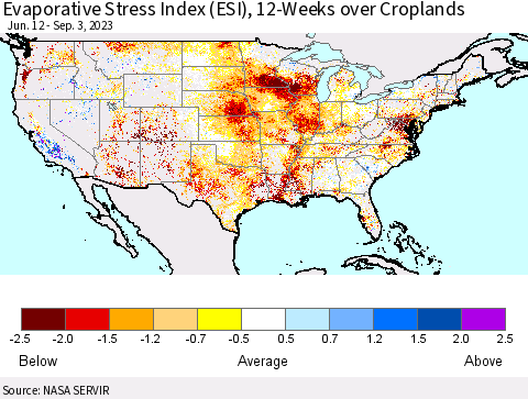 United States Evaporative Stress Index (ESI), 12-Weeks over Croplands Thematic Map For 8/28/2023 - 9/3/2023