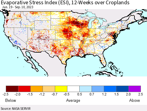 United States Evaporative Stress Index (ESI), 12-Weeks over Croplands Thematic Map For 9/4/2023 - 9/10/2023