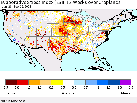 United States Evaporative Stress Index (ESI), 12-Weeks over Croplands Thematic Map For 9/11/2023 - 9/17/2023