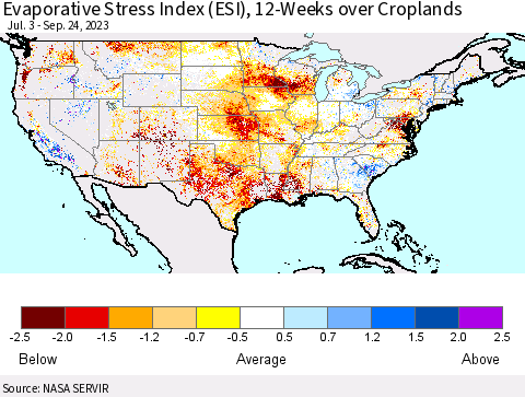 United States Evaporative Stress Index (ESI), 12-Weeks over Croplands Thematic Map For 9/18/2023 - 9/24/2023
