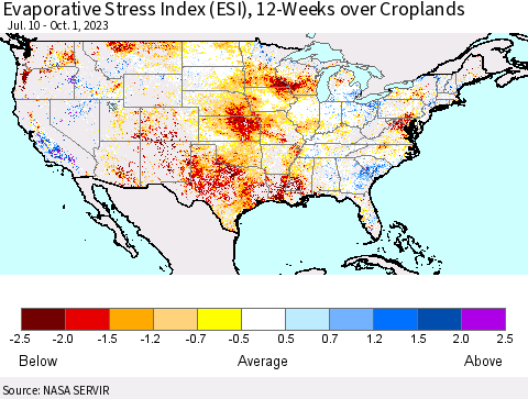 United States Evaporative Stress Index (ESI), 12-Weeks over Croplands Thematic Map For 9/25/2023 - 10/1/2023