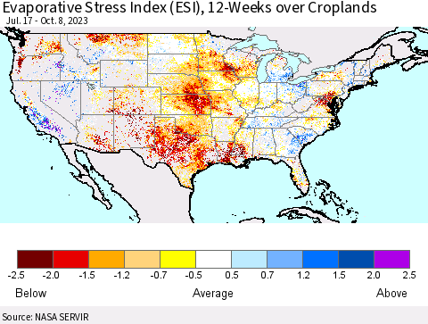 United States Evaporative Stress Index (ESI), 12-Weeks over Croplands Thematic Map For 10/2/2023 - 10/8/2023