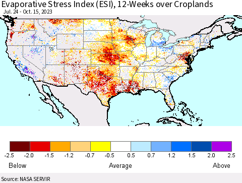 United States Evaporative Stress Index (ESI), 12-Weeks over Croplands Thematic Map For 10/9/2023 - 10/15/2023