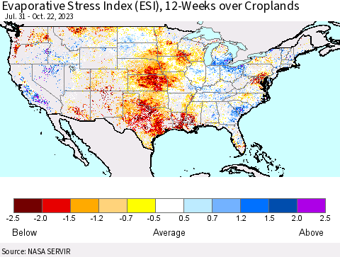 United States Evaporative Stress Index (ESI), 12-Weeks over Croplands Thematic Map For 10/16/2023 - 10/22/2023