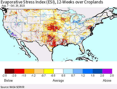 United States Evaporative Stress Index (ESI), 12-Weeks over Croplands Thematic Map For 10/23/2023 - 10/29/2023