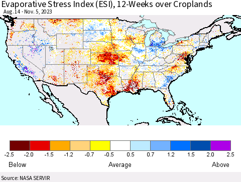 United States Evaporative Stress Index (ESI), 12-Weeks over Croplands Thematic Map For 10/30/2023 - 11/5/2023