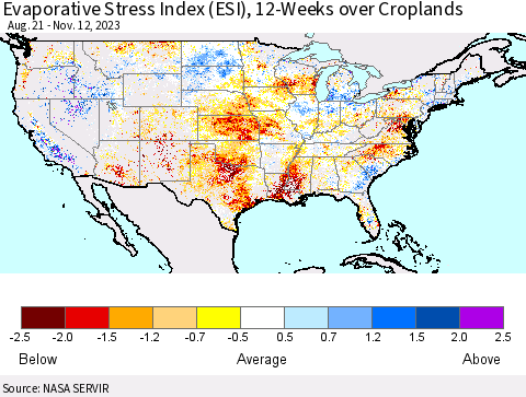 United States Evaporative Stress Index (ESI), 12-Weeks over Croplands Thematic Map For 11/6/2023 - 11/12/2023