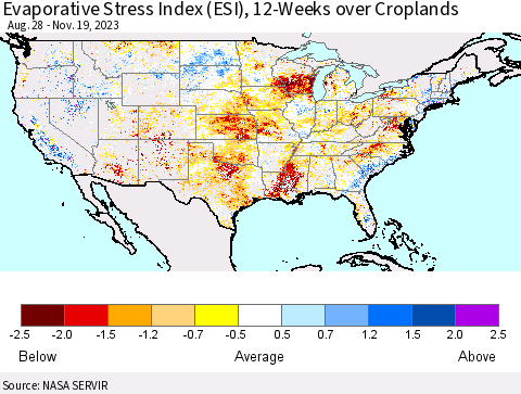 United States Evaporative Stress Index (ESI), 12-Weeks over Croplands Thematic Map For 11/13/2023 - 11/19/2023