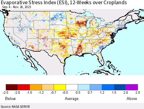 United States Evaporative Stress Index (ESI), 12-Weeks over Croplands Thematic Map For 11/20/2023 - 11/26/2023