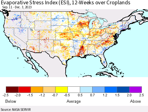 United States Evaporative Stress Index (ESI), 12-Weeks over Croplands Thematic Map For 11/27/2023 - 12/3/2023