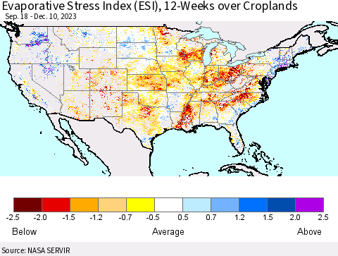 United States Evaporative Stress Index (ESI), 12-Weeks over Croplands Thematic Map For 12/4/2023 - 12/10/2023