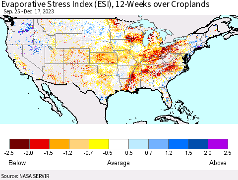 United States Evaporative Stress Index (ESI), 12-Weeks over Croplands Thematic Map For 12/11/2023 - 12/17/2023