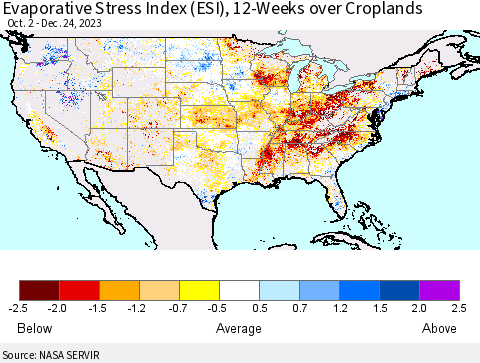 United States Evaporative Stress Index (ESI), 12-Weeks over Croplands Thematic Map For 12/18/2023 - 12/24/2023