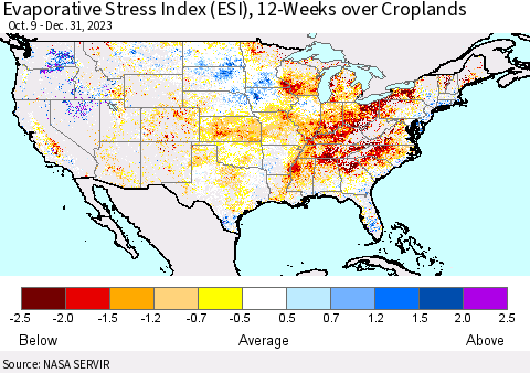 United States Evaporative Stress Index (ESI), 12-Weeks over Croplands Thematic Map For 1/1/2024 - 1/7/2024