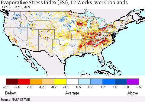 United States Evaporative Stress Index (ESI), 12-Weeks over Croplands Thematic Map For 1/8/2024 - 1/14/2024