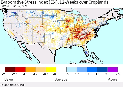 United States Evaporative Stress Index (ESI), 12-Weeks over Croplands Thematic Map For 1/22/2024 - 1/28/2024