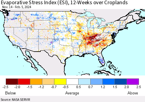 United States Evaporative Stress Index (ESI), 12-Weeks over Croplands Thematic Map For 2/5/2024 - 2/11/2024