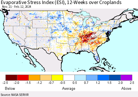 United States Evaporative Stress Index (ESI), 12-Weeks over Croplands Thematic Map For 2/12/2024 - 2/18/2024