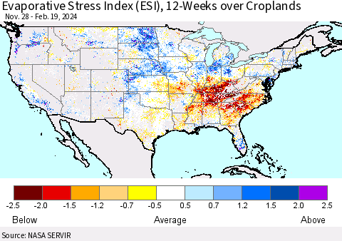 United States Evaporative Stress Index (ESI), 12-Weeks over Croplands Thematic Map For 2/19/2024 - 2/25/2024