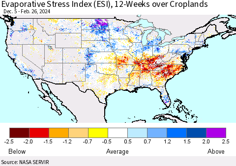 United States Evaporative Stress Index (ESI), 12-Weeks over Croplands Thematic Map For 2/26/2024 - 3/3/2024