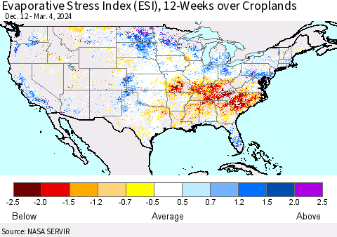 United States Evaporative Stress Index (ESI), 12-Weeks over Croplands Thematic Map For 3/4/2024 - 3/10/2024