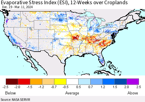 United States Evaporative Stress Index (ESI), 12-Weeks over Croplands Thematic Map For 3/11/2024 - 3/17/2024