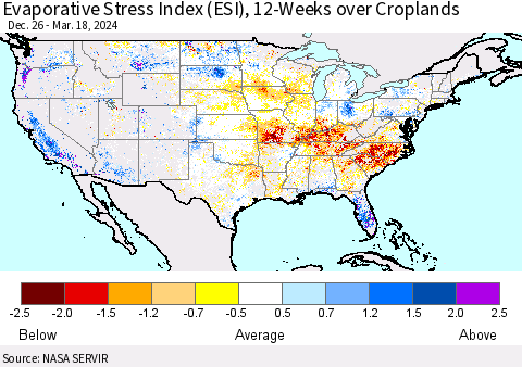 United States Evaporative Stress Index (ESI), 12-Weeks over Croplands Thematic Map For 3/18/2024 - 3/24/2024