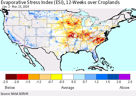 United States Evaporative Stress Index (ESI), 12-Weeks over Croplands Thematic Map For 3/25/2024 - 3/31/2024