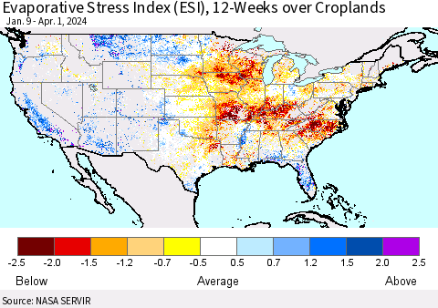 United States Evaporative Stress Index (ESI), 12-Weeks over Croplands Thematic Map For 4/1/2024 - 4/7/2024