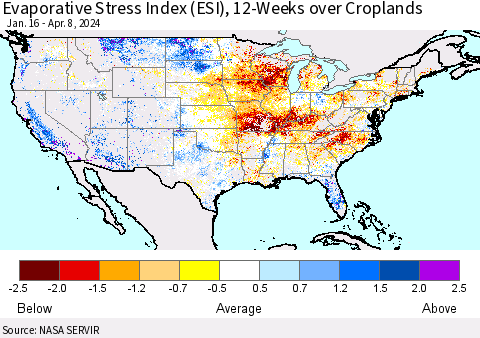 United States Evaporative Stress Index (ESI), 12-Weeks over Croplands Thematic Map For 4/8/2024 - 4/14/2024