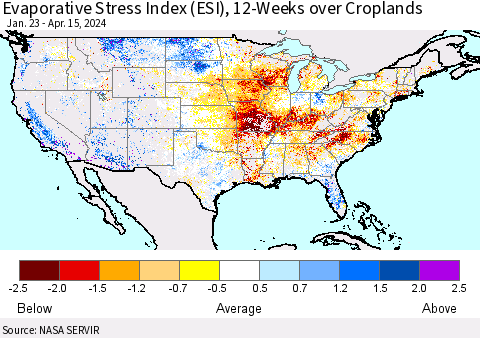 United States Evaporative Stress Index (ESI), 12-Weeks over Croplands Thematic Map For 4/15/2024 - 4/21/2024